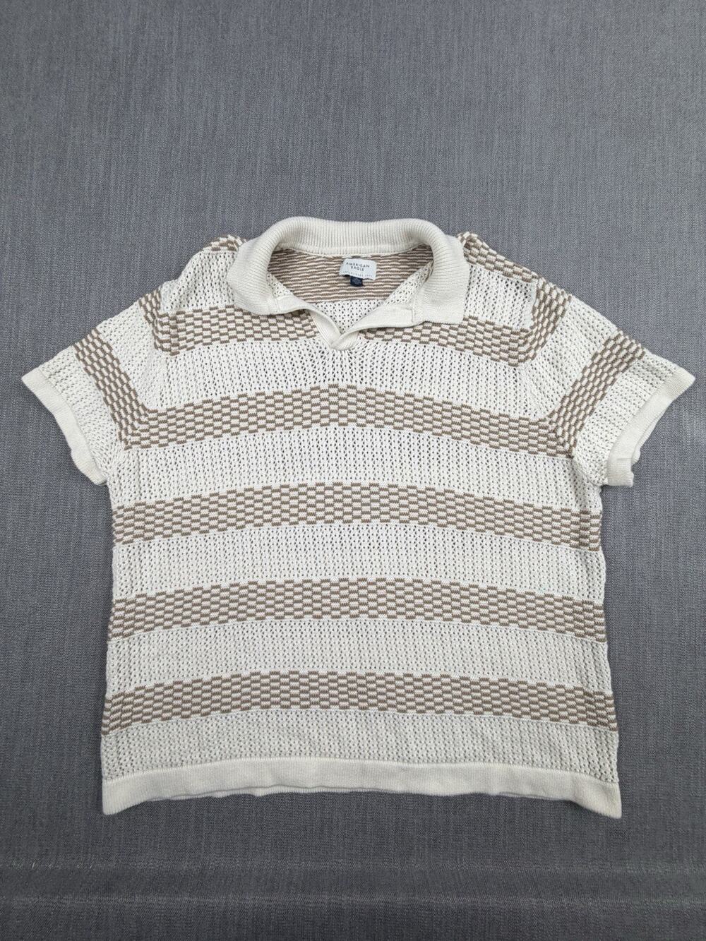 American Eagle Men’s XXL Knit Polo Shirt Cream Tan Striped Open Stitch Cotton